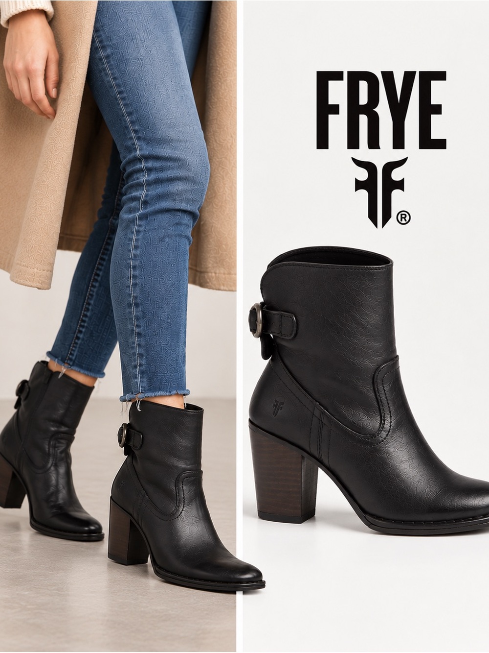 Frye Lucinda Black Leather Ankle Block Heel Booties